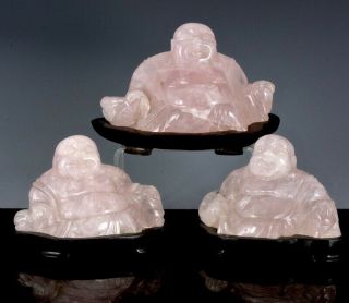 Estate Group Chinese Carved Rose Quartz Rock Crystal Happy Lucky Buddha Figures