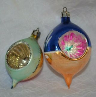 2 Vtg Mercury Glass Xmas Ornaments Teardrop Indent Hand Painted Poland