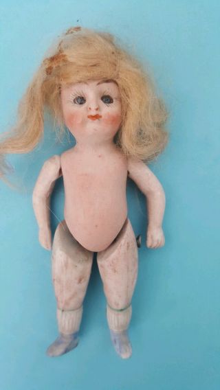 Antique 4.  5 " German? Bisque Doll With Fixed Glass Eyes Wire Strung Arms/legs