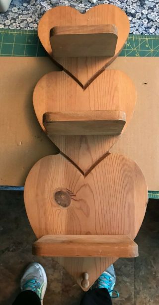 Vintage Three Tier Wooden Heart Shape Knick Knack Wall Shelf With Peg