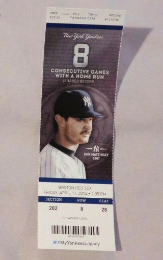 2014 York Yankees Vs Boston Red Sox 4/11/14 Ticket Don Mattingly