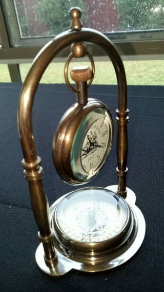 Brass Ships Pocket Watch,  Clock On Stand With Compassship 