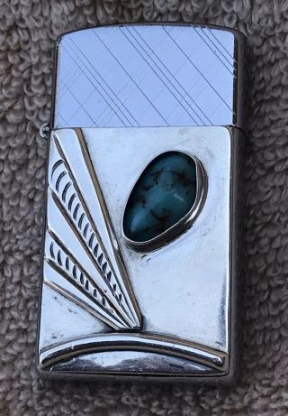 Vintage 1961 Zippo Slim Lighter With Silver And Turquoise Front Panel Great Cond