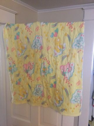 Vintage Care Bears Baby Crib Comforter Blanket Quilt Yellow With Ruffled Edge