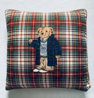 Vintage Ralph Lauren Polo Bear Plaid Pillow And Cover 17 " X 17 " Goose Down