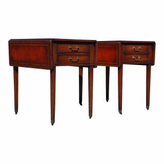 Traditional Pair Federal Leather Top Mahogany Drop Leaf End Tables Nightstands