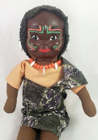 Vintage Ethnic African Mask Face Cloth Doll Africa Hand Made 17.  5 " 1960s