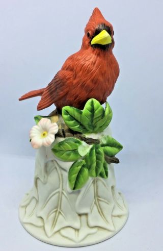 Vtg Hand Painted Porcelain Bisque Cardinal Bird Bell W/christmas Holly Flowers