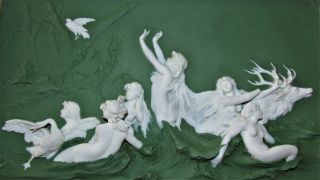 Dresden Volkstedt Antique Jasperware Porcelain Wall Plaque Nude Maidens Stag