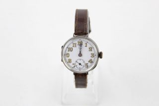 Vintage Gents Ww1.  925 Sterling Silver Trench Watch Hand - Wind Leather Strap 35g