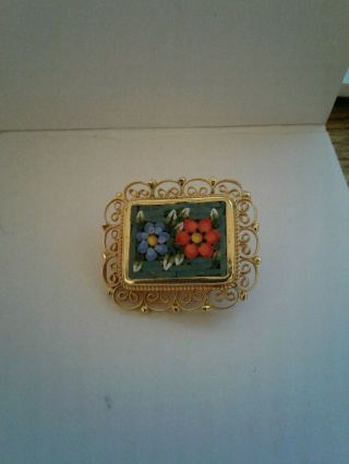 Vintage Gold Tone Micro Mosaic Flowers Brooch - Italy