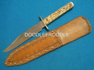Antique Challenge Sheffield Stag Bone Etched Hunting Bowie Knife Vintage Knives