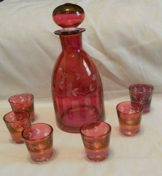 Vintage Rose Colored Glass Decanter And 6 Shot Glasses With Etched Grapes