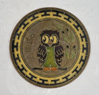Greek Vintage Mid Century Bronze Enamel Painted Owl Plaque Smaltotex