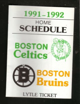 Boston Bruins & Celtics - - 1991 - 92 Pocket Schedule - - Lytle Ticket