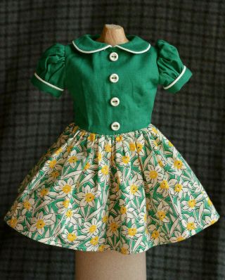 Vintage Gorgeous Daffodil Doll Dress Green White 17 " Composition Hard Plastic