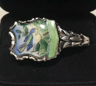Rare Vintage Sterling Silver Hand Painted Bird Spoon Ring - Signed - Size 8