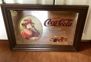 Vintage Drink Coca - Cola Bar Mirror Sign Delicious And Refreshing Wood Framed