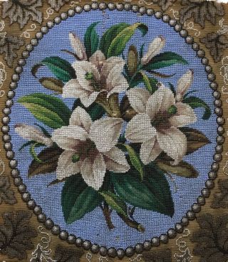 LARGE ANTIQUE VICTORIAN BEADWORK,  BEADED PICTURE / CUSHION PANEL.  LILIES 2