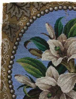 LARGE ANTIQUE VICTORIAN BEADWORK,  BEADED PICTURE / CUSHION PANEL.  LILIES 3