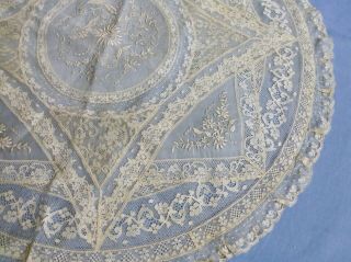 Antq French Normandy Lace / Brussels Lace Embroidered Cushion Cover - Large Round