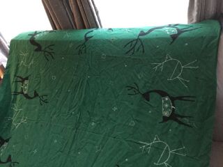 Vintage California Handprints Christmas Green Tablecloth With Reindeer & Stars