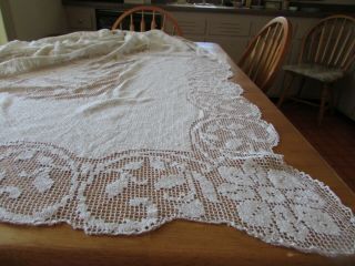 Antique/vintage Bobbin Lace Tablecloth 136 " X 120 " Scalloped Edge Bone Off - White