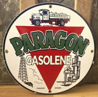 Old Vintage 1950s Paragon Gasolene / Motor Oil Porcelain Gas Pump Sign 11.  75”