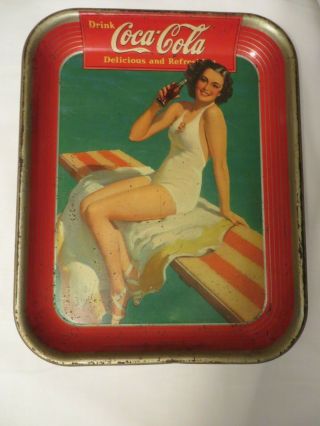Vintage Metal Coca Cola Tray 1939 Girl On Diving Board Swimsuit