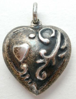 Vintage Puffed Heart Charm Sterling Silver For Bracelet Or Necklace Pendant 925