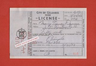 Rare 1943 Columbus Ohio Bicycle License Not Plate Wwii