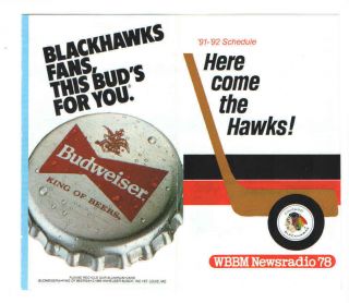 1991 - 92 Chicago Blackhawks Nhl Hockey Schedule Budweiser Wbbm