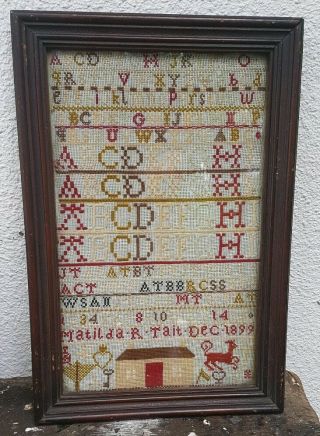 19th Century Antique English Sampler By Matida.  R.  Tait Dated 1899