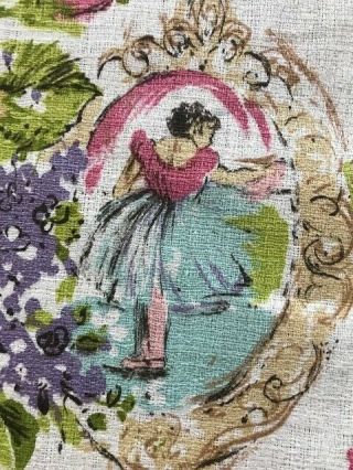 Nos Vintage Barkcloth Ballerinas And Roses Cream Pink Blue Lilac Fabric Bty