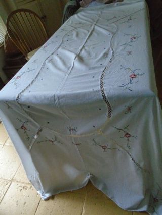 Large Vintage Hand Embroidered Cotton Tablecloth - Cross Stitch - 60 X 90 Inches