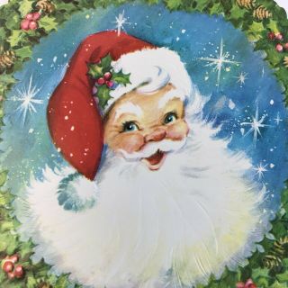 Vintage Mid Century Christmas Greeting Card Santa Claus Smiling In Wreath