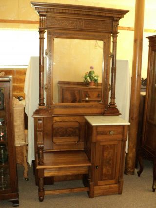 Walnut Eastlake Victorian Hall Tree W.  Seat And Storage,  Is Not
