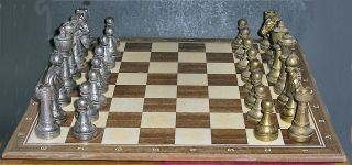 Vintage Italfama " Finnsberg " Brass & Nickel Chess Set With Board 3 " Staunton