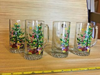 Vintage Set Of 4 Nikko Christmas Tree Glass Mugs Box Euc 13 Oz