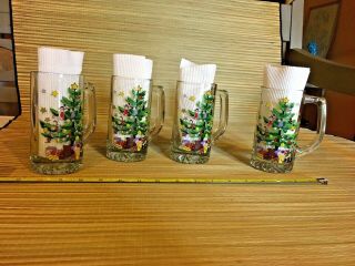 Vintage Set of 4 Nikko Christmas Tree Glass Mugs Box EUC 13 Oz 2