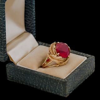 Antique Vintage Deco Retro 10k Yellow Gold Huge 8.  6 Ct Ruby Band Ring Sz 5.  75