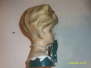 Vintage Lefton 1960 ' s Green Lady Head Vase Hand to Face Pearl Necklace Blonde 3