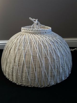 Vintage White Wicker Lamp Shade Hanging Ceiling Light Fixture With Chain