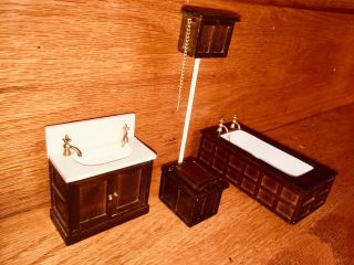 Vintage Dollhouse Victorian Walnut Wood Bathroom Set - Tub Sink Toilet