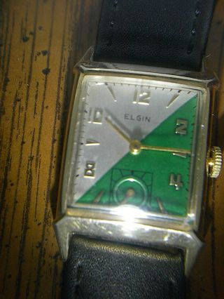 Vintage Elgin Wrist Watch 2 Tone Green/white Small Face Black Leather Band Runs