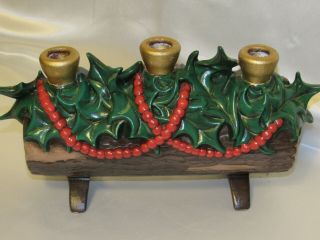 Vintage Ceramic Atlantic Mold Christmas Yule Log Candle Holder Holly Berries 13 "