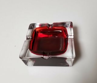 Vintage Mid Century Ash Tray Glass Red And Clear