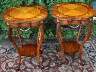 1910s Antique French Louis Xv Walnut & Satinwood Inlay Side End Tables