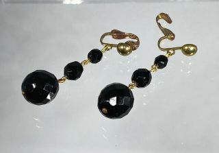 Vintage Dramatic Black Bohemian Glass Faceted W Gold Clip - On Earrings,  Gift
