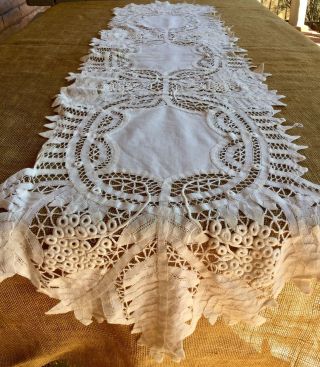 Antique Battenburg Lace Linen Table Runner Vtg Fall Thanksgiving Holiday Decor